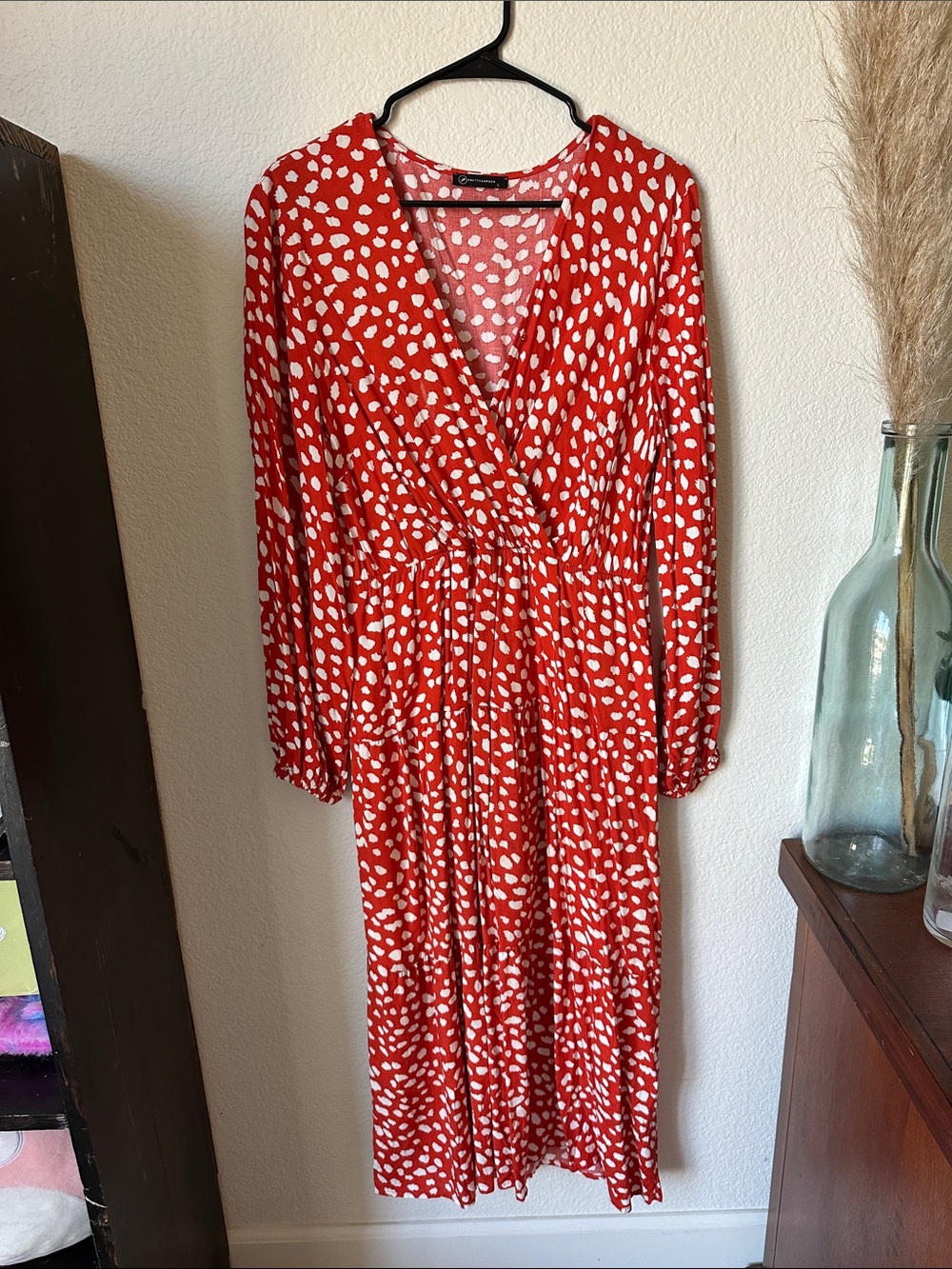 Red Printed Wrap-Front Long Sleeve Midi Dress